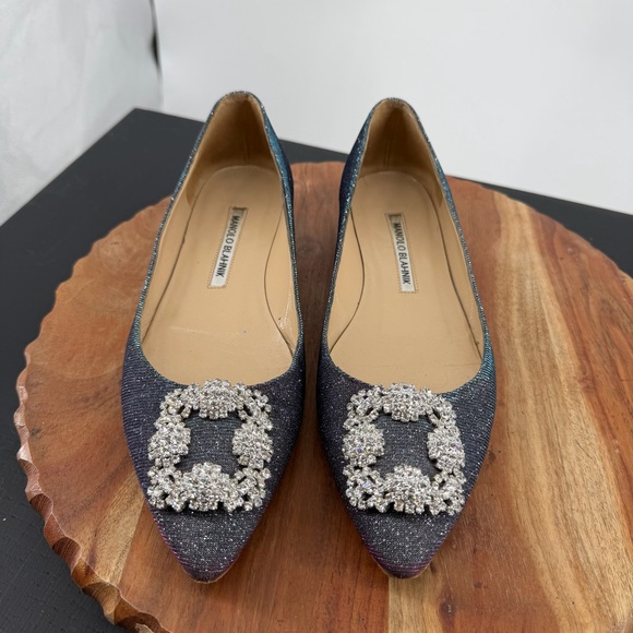 Manolo Blahnik Hangisi Flat blue glitter FMC ballerina 37.5 7.5 - Picture 2 of 13